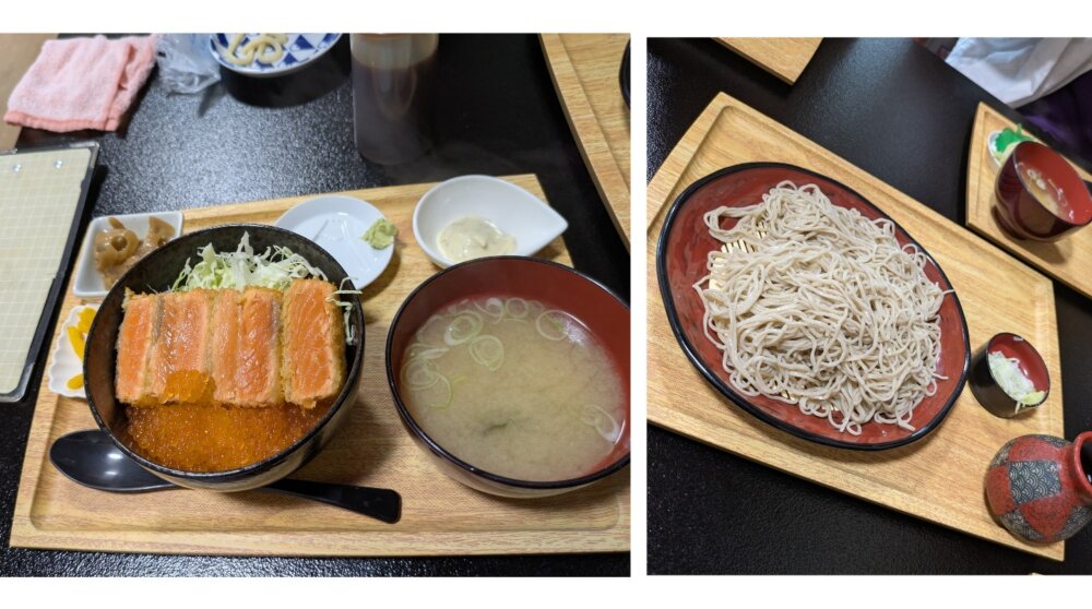 満天富士　レアかつサーモン丼と蕎麦