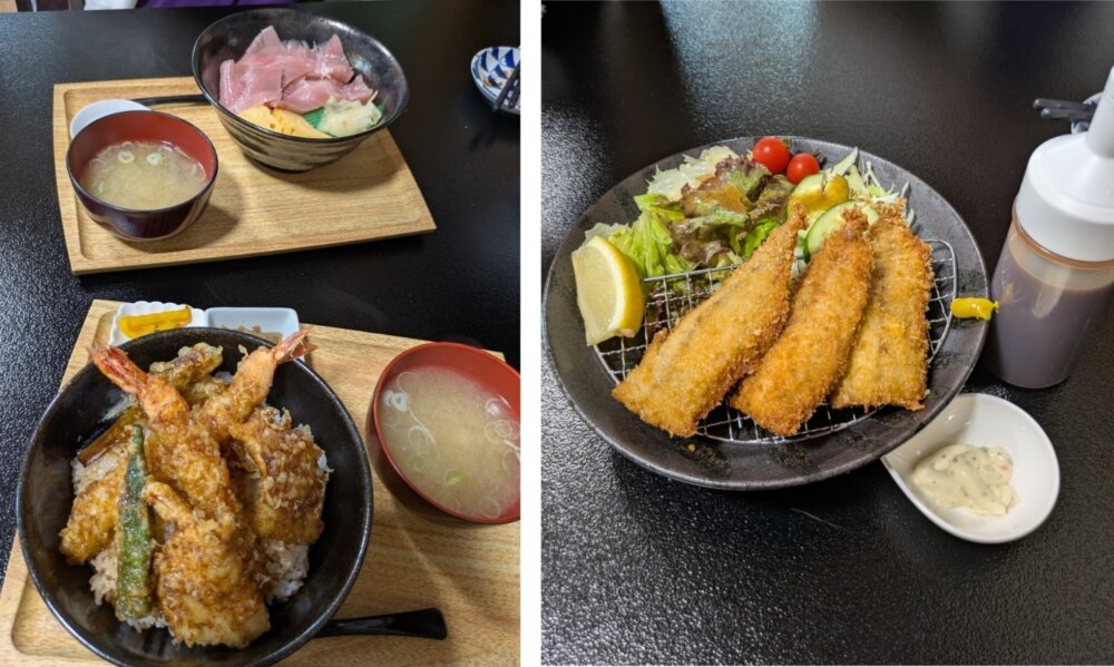 満天富士メニュー　アジフライ　天丼　中トロ丼