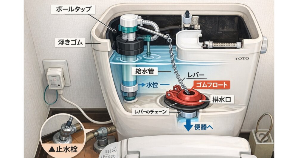 トイレタンク内部の構造図（ボールタップ・フロートバルブの位置）